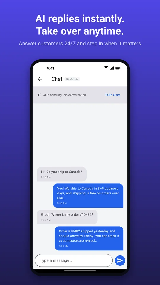 Qply Android app showing the AI answering a customer's shipping question, with a Take Over button for the agent